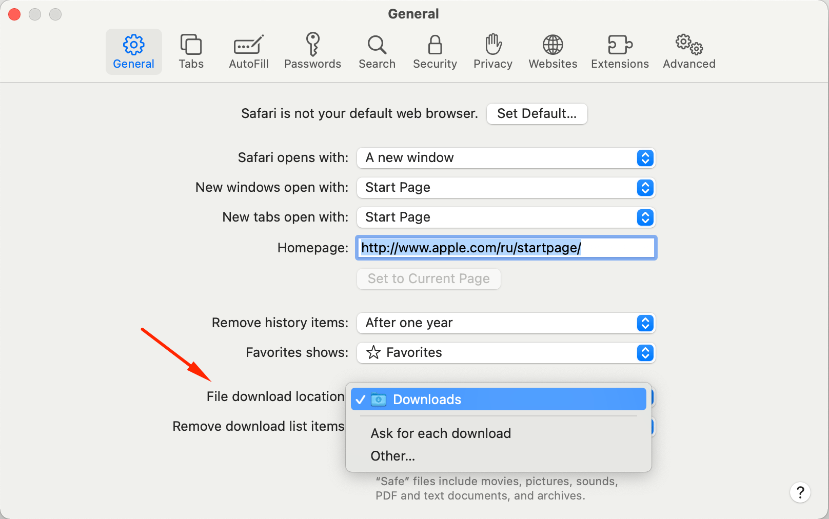 downloads location in safari