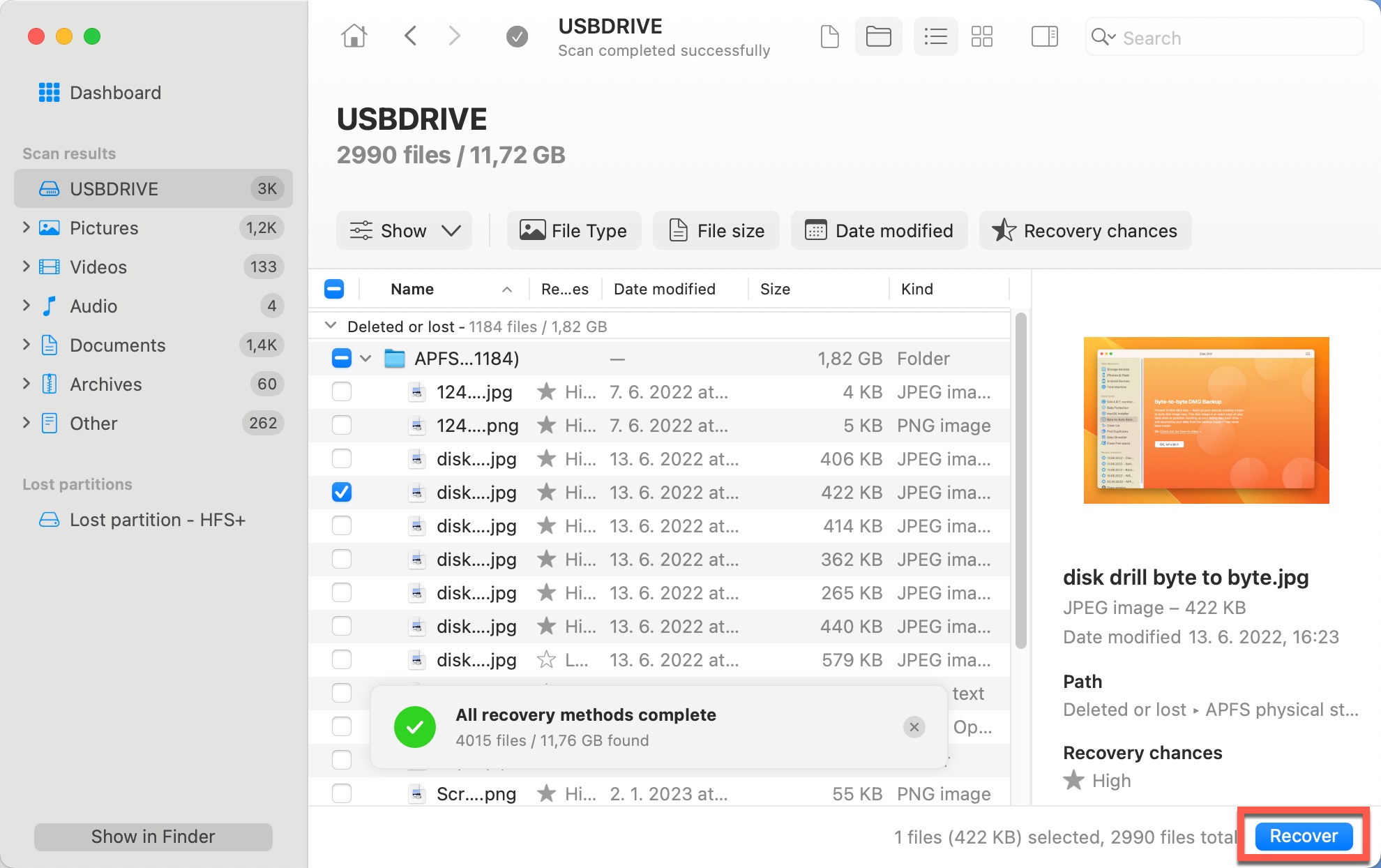 disk drill usb drive recover button highlighted