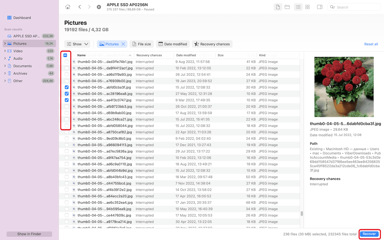 recover selected replaced files