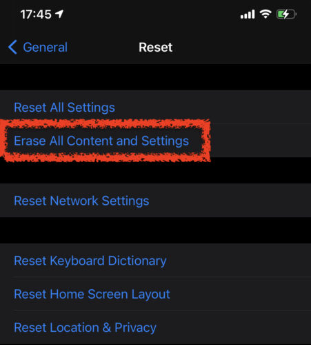 factory resetting iphone in settings