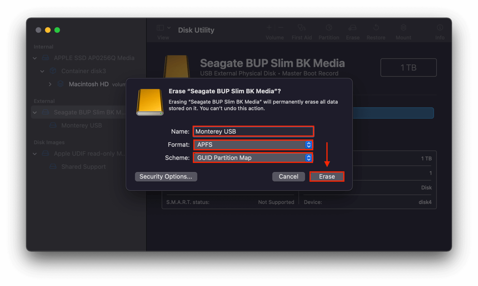 Disk Utility Erase dialogue box with an outline highlighting the fields for the Name, Format, and Scheme entries, and a pointer towards the Erase button