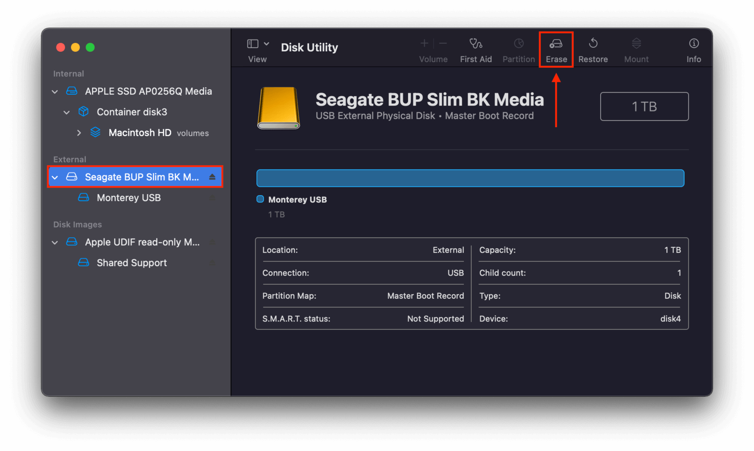 Disk Utility window with a pointer towards the Erase button