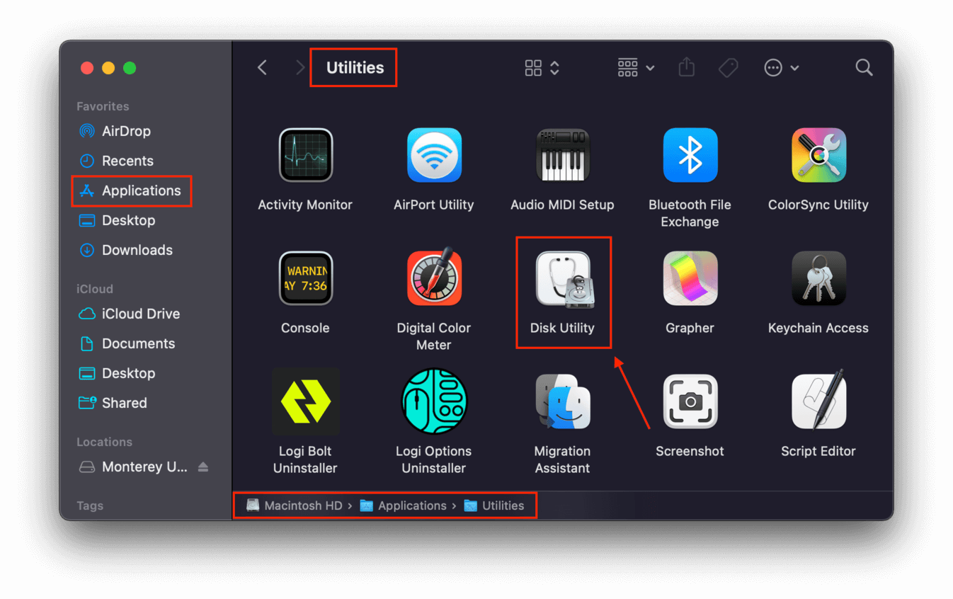 Finder Utilities folder with a pointer towards the Disk Utility app