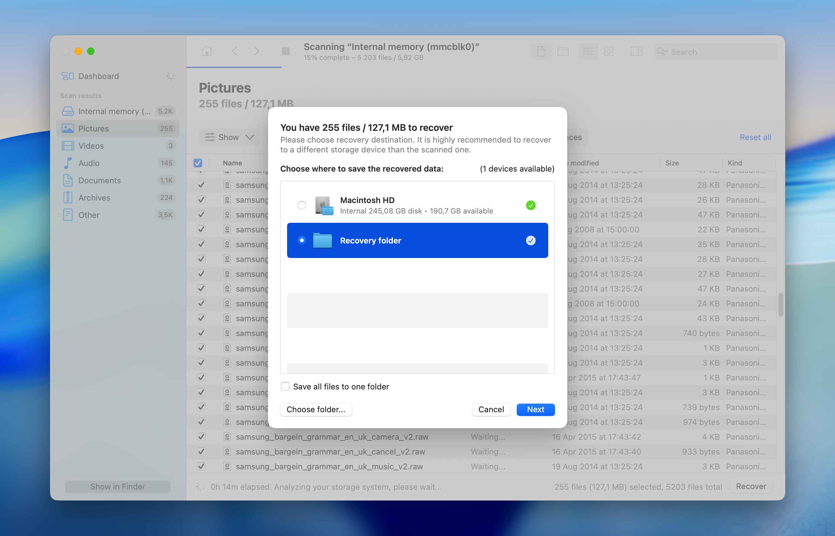 choose recovery location for files