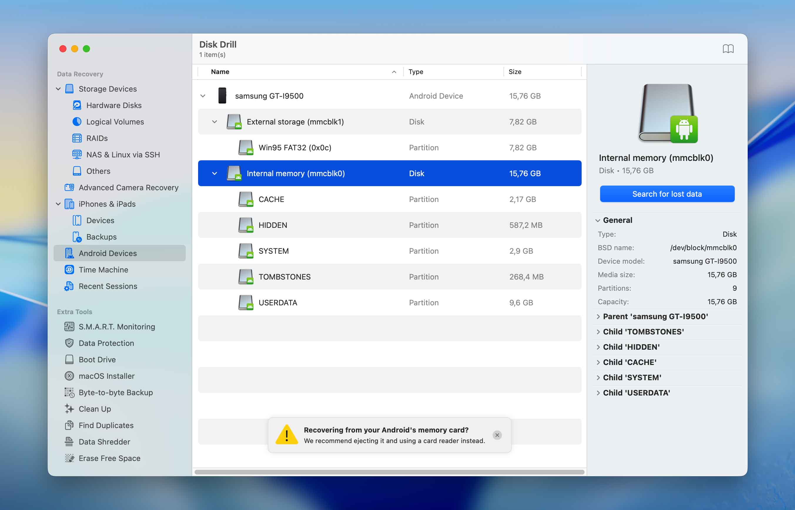 disk drill select android device