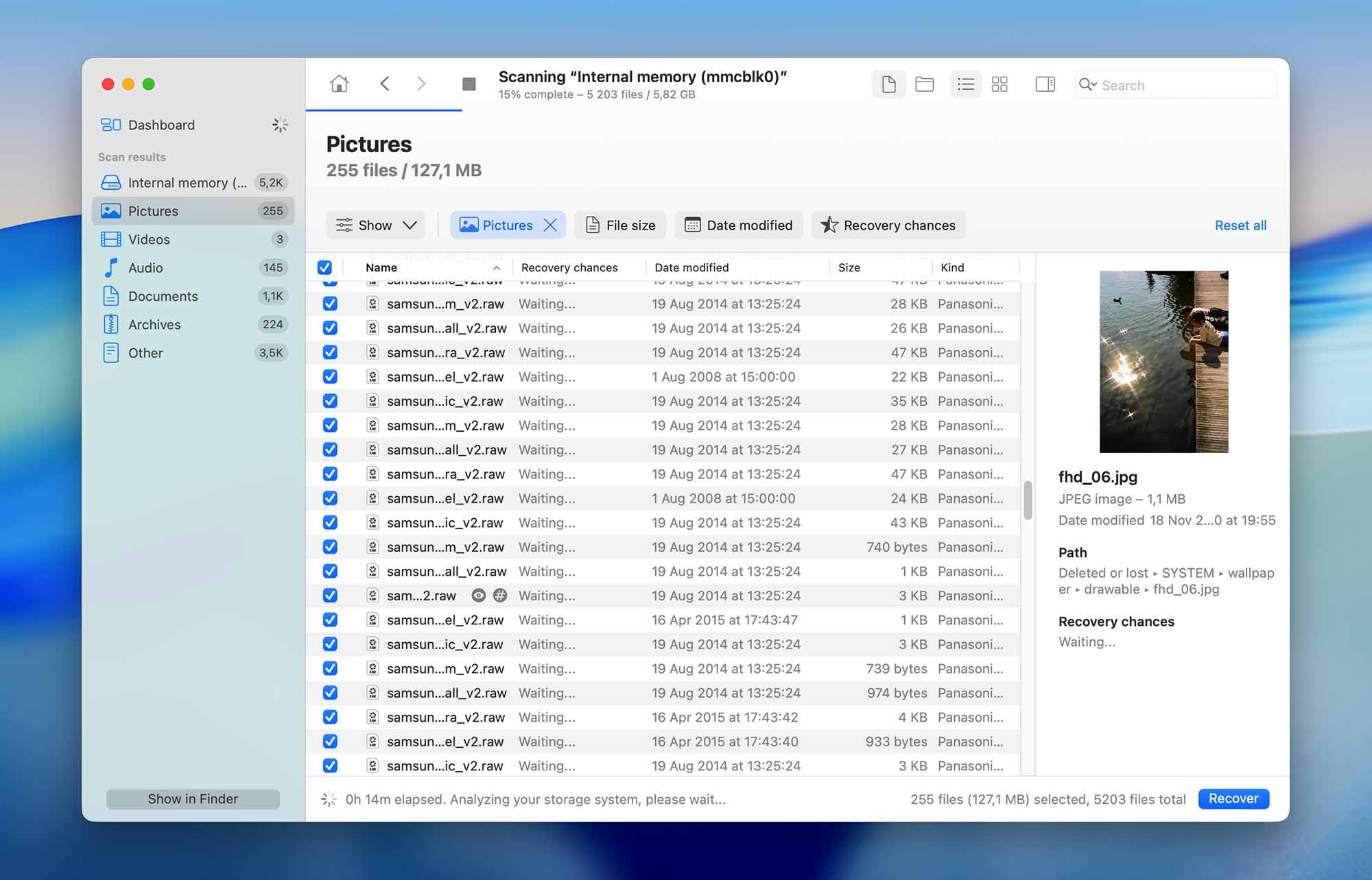 select files for recovery from android device