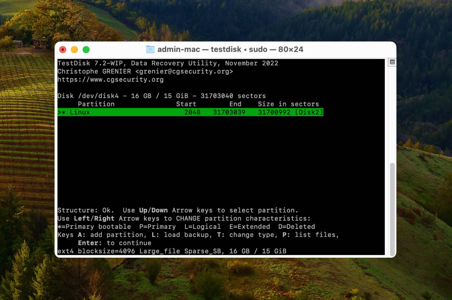 TestDisk change partition characteristics