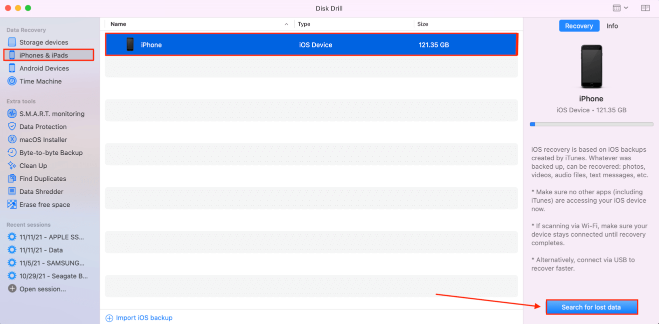 disk drill window showing recoverable mobile devices with a pointer towards the search for lost data button