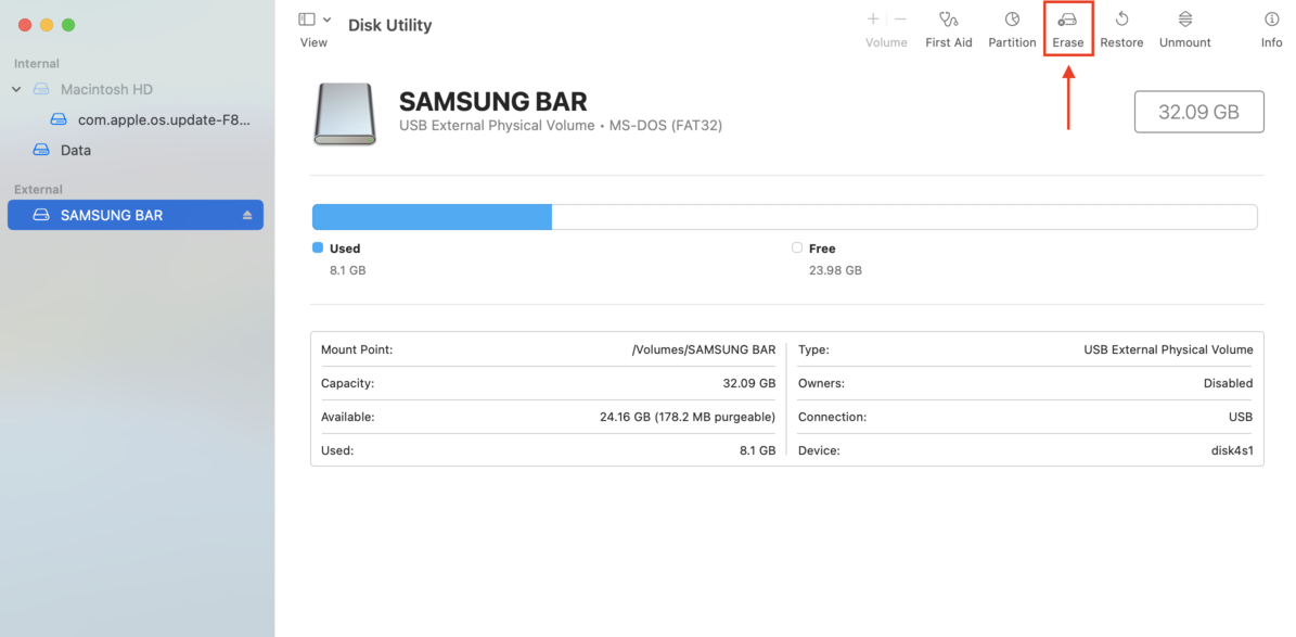 disk utility erase button