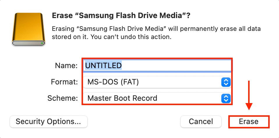 partition properties and the erase button