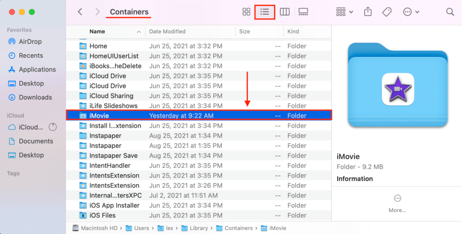 containers folder with a pointer towards the iMovie folder