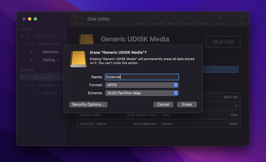 erase settings disk utility