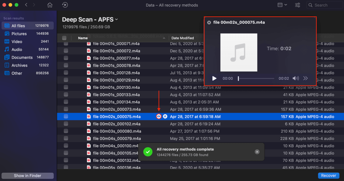 disk drill file selection window with a floating file preview window