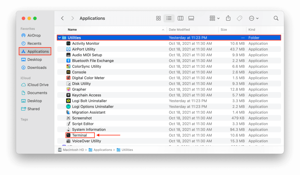 Utilities folder with a pointer towards the terminal app