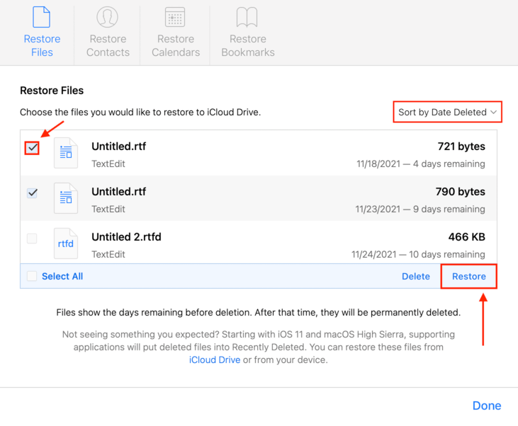 iCloud web page popup that lets you select which files to recover, with pointers towards the sorting option, checkboxes, and the restore button
