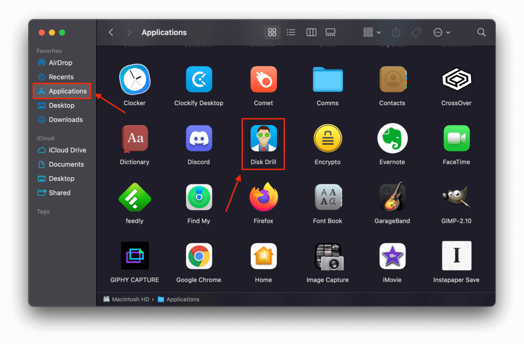 finder applications folder with a pointer towards disk drill