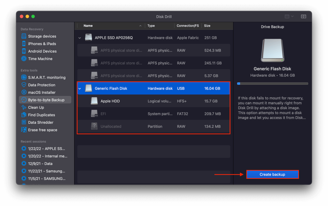 disk drill window with an outline highlighting a drive and a pointer towards the create backup button