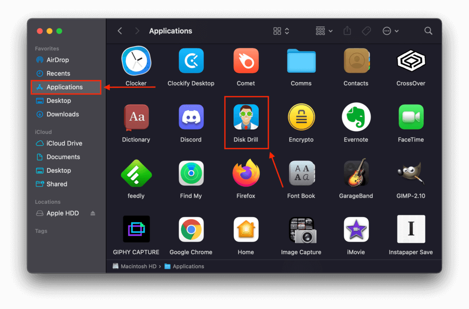 finder applications folder with pointers towards the disk drill app and applications in the sidebar