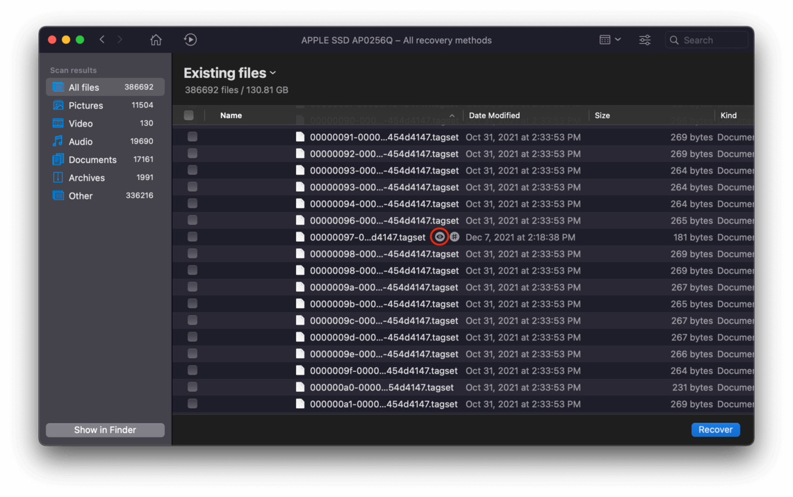 Disk Drill scan results window with an outline highlighting the preview eye button