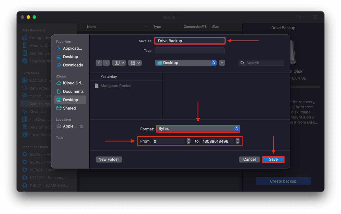 disk drill create backup popup with pointers towards file name, format, size, and the save button