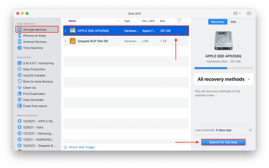 Storage devices window showing a list of available drives and a pointer towards the selected drive and option to search for lost data