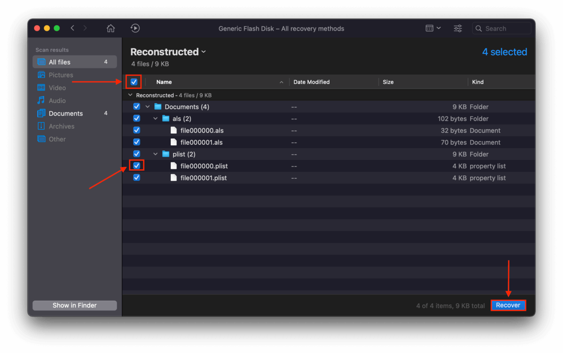 disk drill window with pointers towards the checkboxes and the recover button