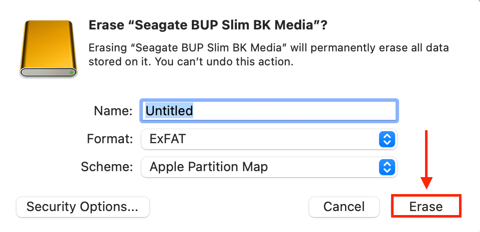 Disk Utility popup window showing option to Name, Format, and Scheme and a pointer towards the Erase button