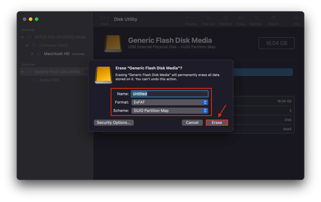 disk utility window with an outline highlighting name, format, and scheme, and a pointer towards the erase button