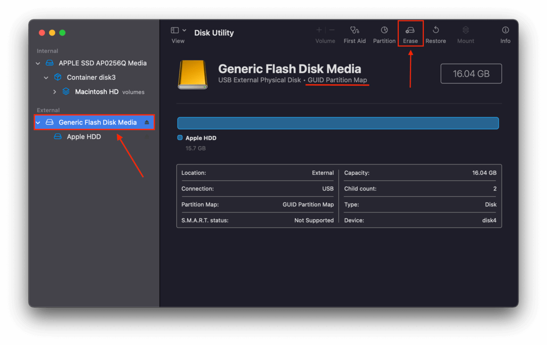 disk utility window with pointers towards the erase button and a drive in the sidebar