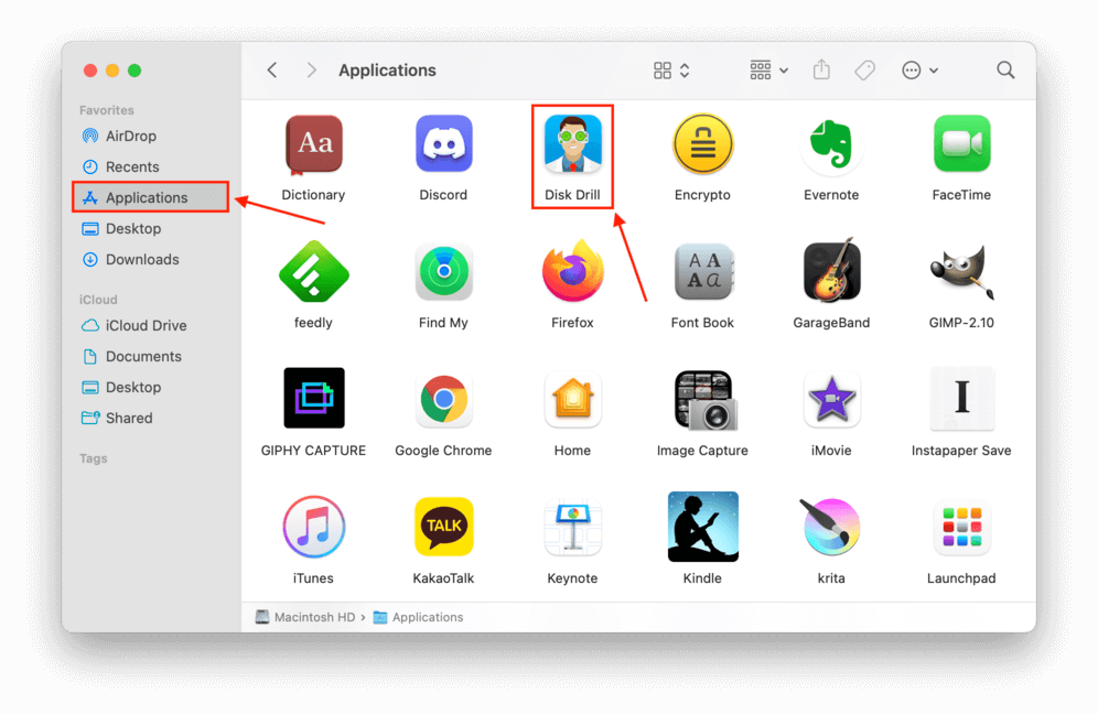 finder applications window with a pointer towards disk drill