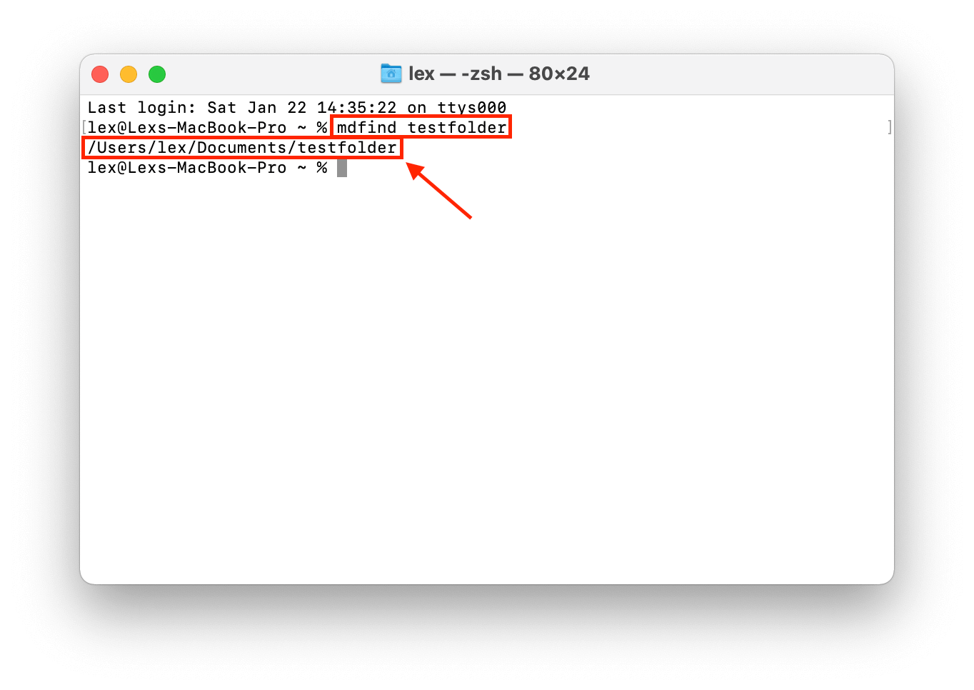 terminal window showing the mdfind command and the resulting path