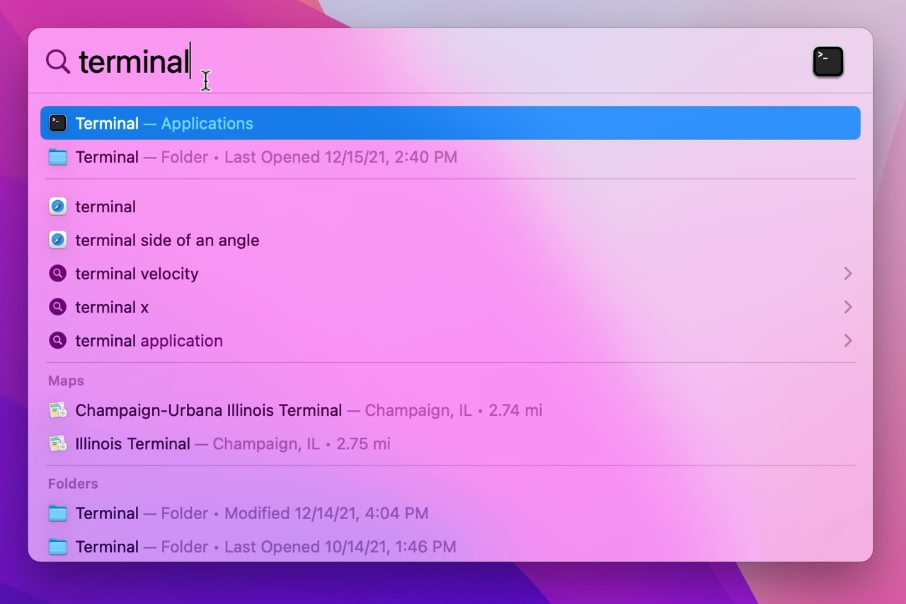 Finding Terminal in Spotlight