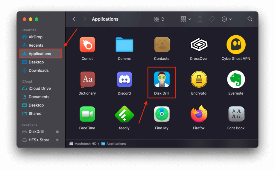 Finder Applications folder with arrows pointing towards the Applications folder and the Disk Drill icon