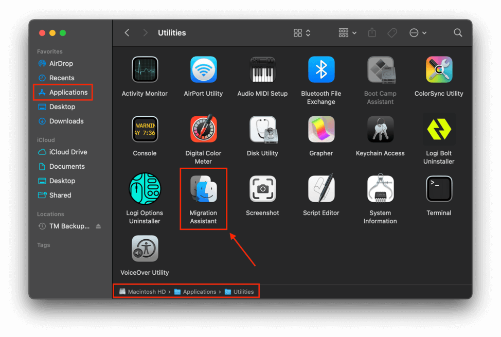 Applications menu with a pointer towards the Migration Assistant application button
