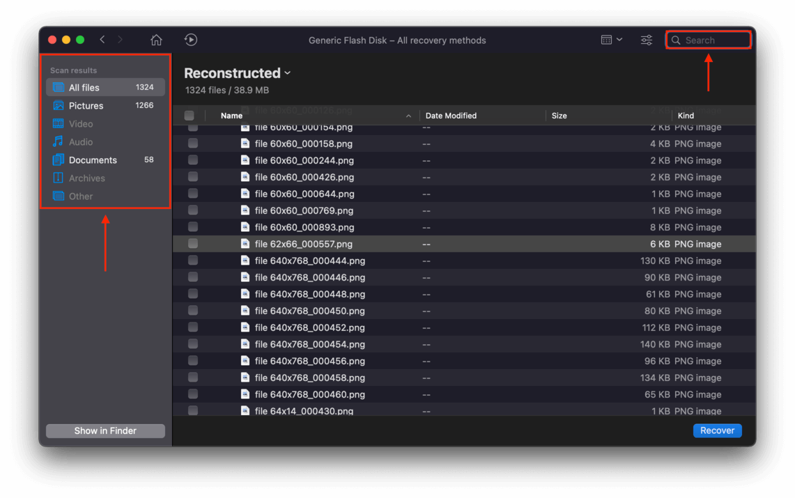 Disk Drill results window with pointers towards the search bar and the file type selection sidebar