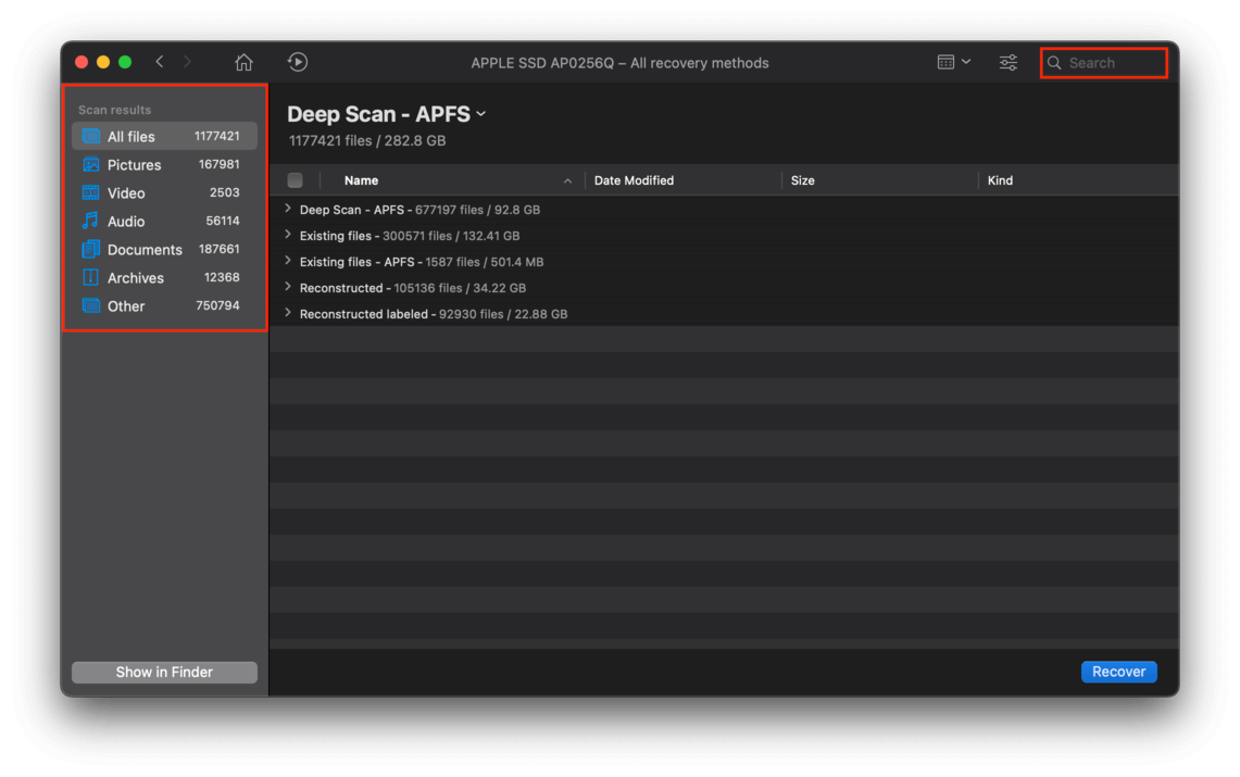 Disk Drill window with an orange outline around file types and search bar