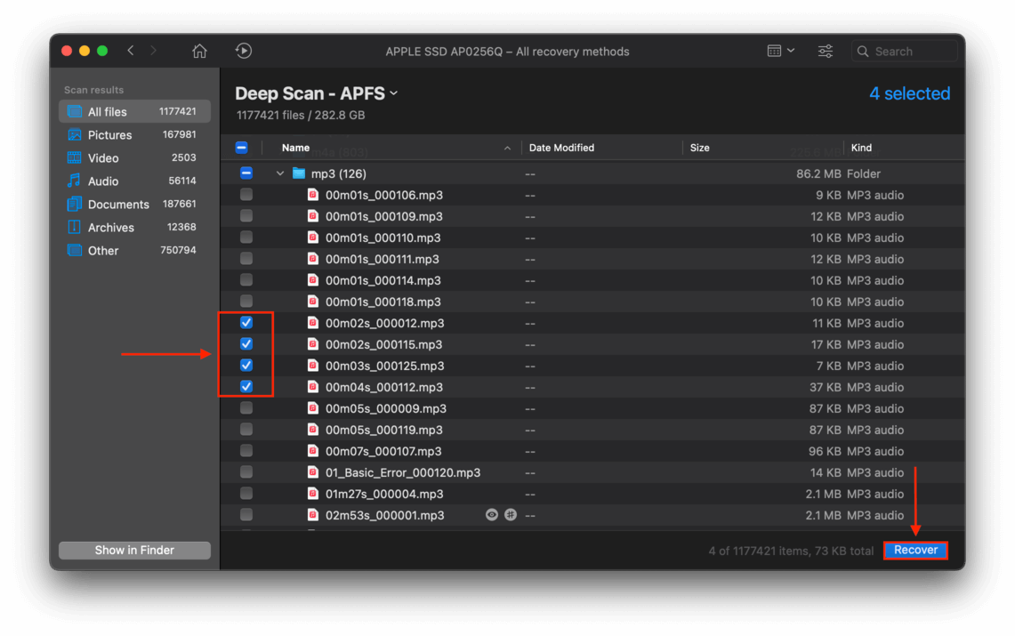 Disk Drill File Type Menu showing a pointer towards ticked boxes beside the file names and the Recover button