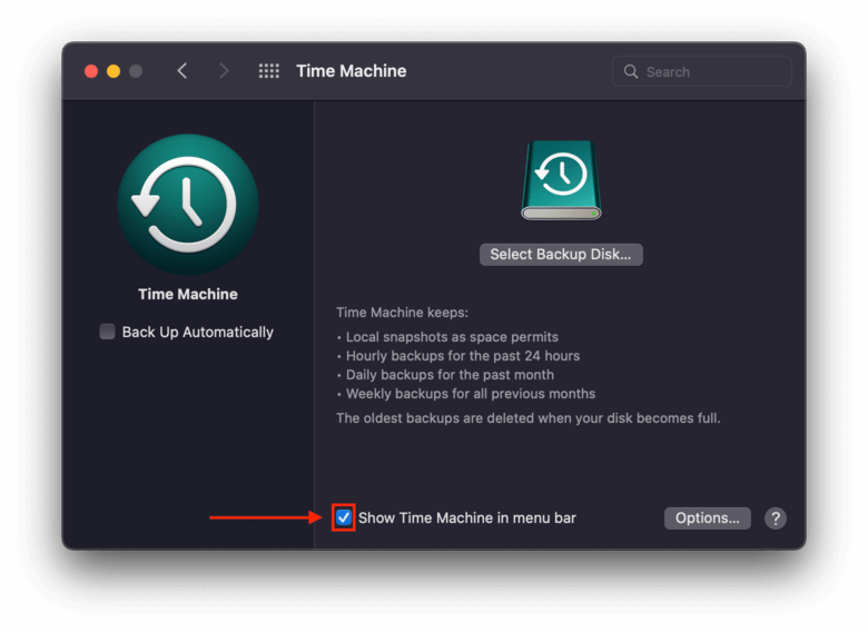 Time Machine window showing a pointer towards a ticked box 