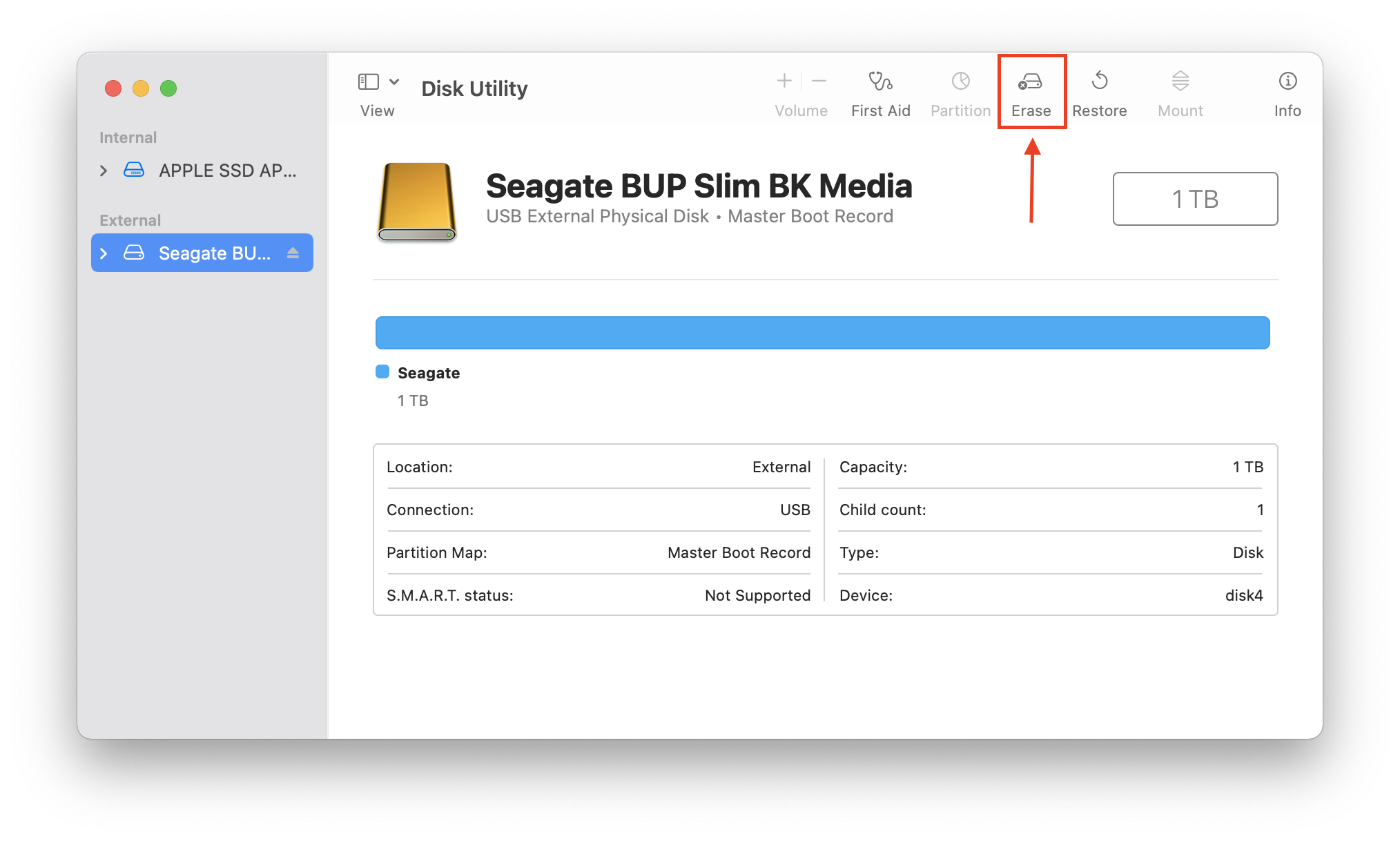 Disk Utility erase button