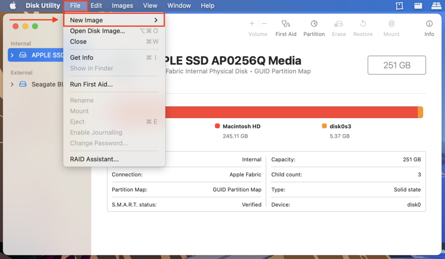 New Image option in Disk Utility file menu