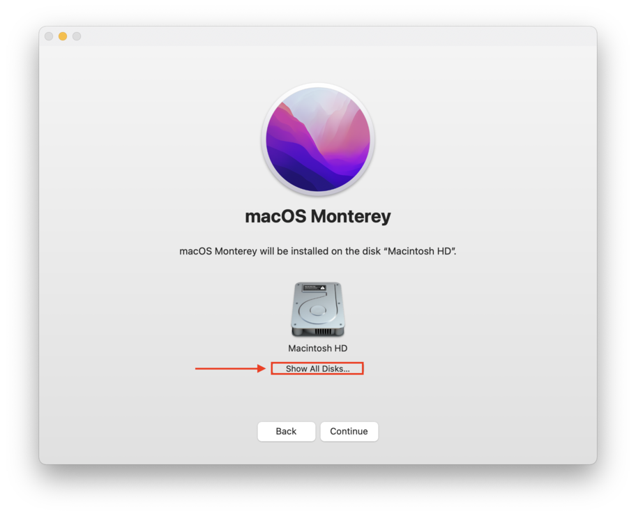 macOS Monterey installer destination disk selection