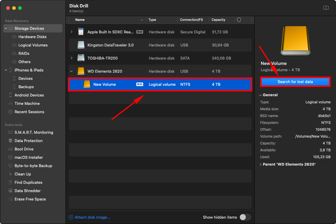 search for lost data in disk drill