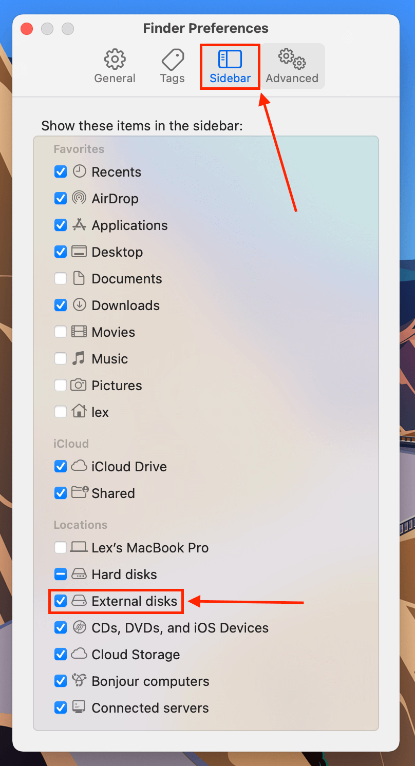 Sidebar tab in the Finder Preferences window