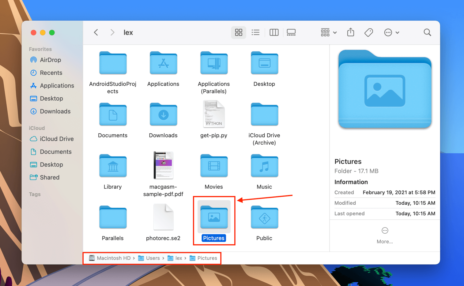 Pictures folder in the Finder Home folder