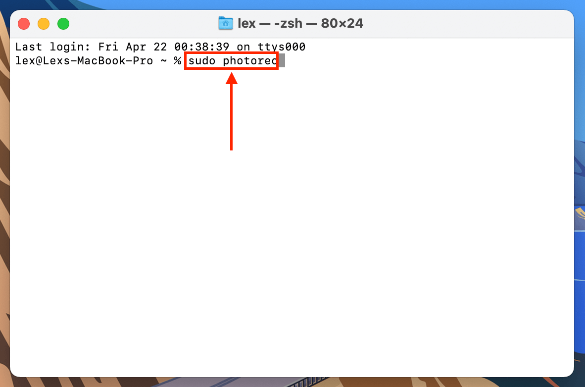 Sudo PhotoRec command in the Terminal command line