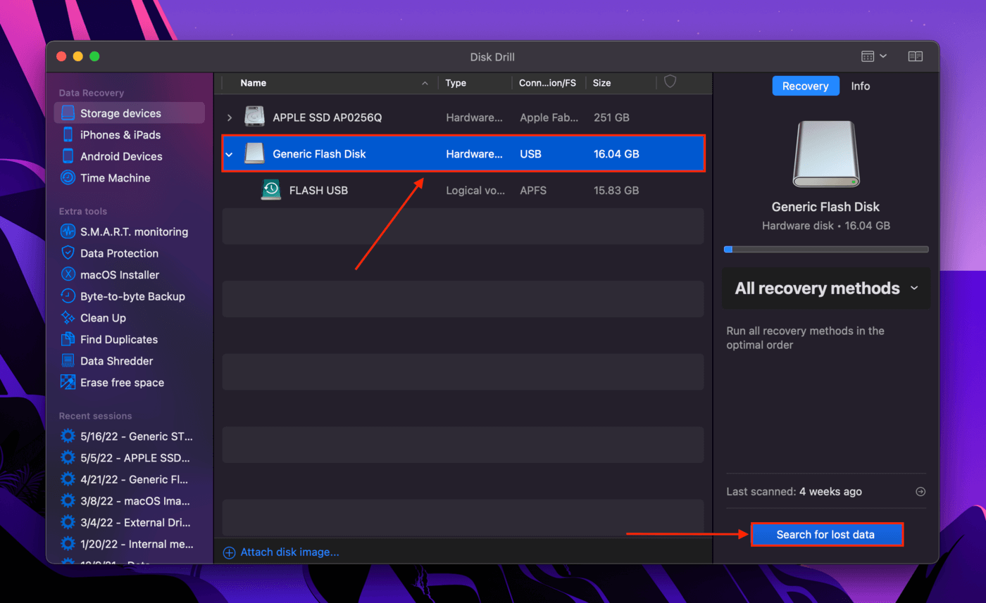 Disk Drill drive selection screen