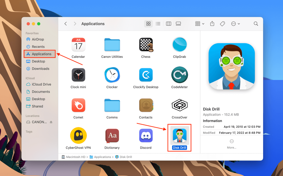 Disk Drill app in the Finder Applications folder