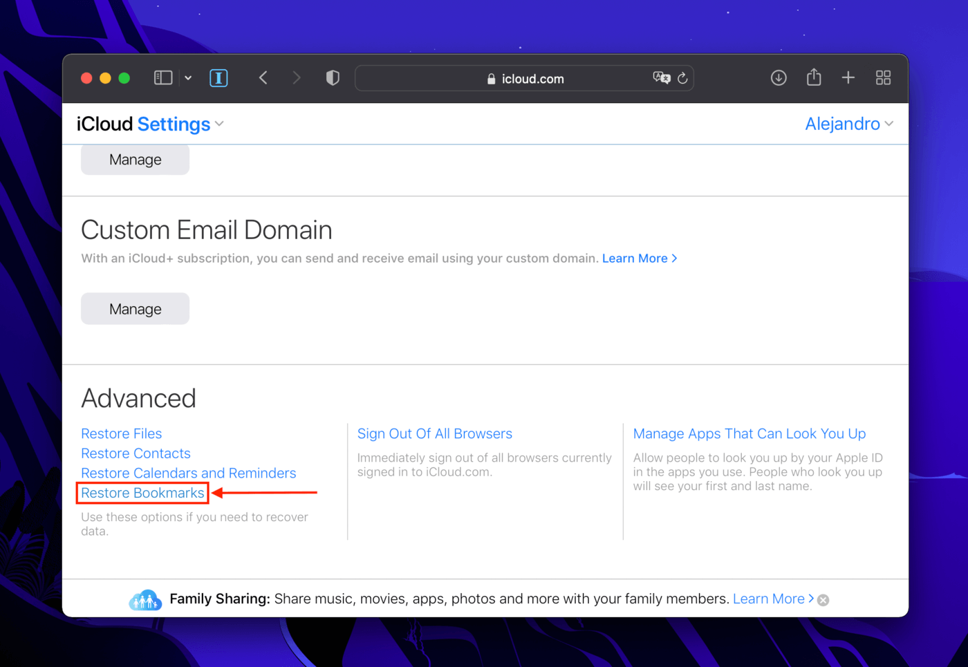 Restore Bookmarks button in the iCloud website