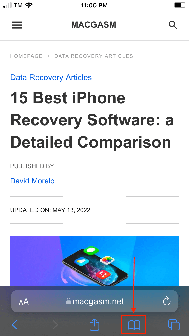 Bookmarks icon in the Safari app on iPhone