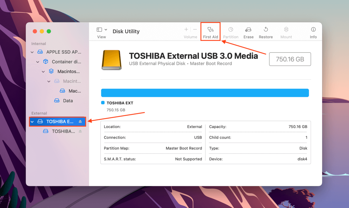 First Aid button in the Disk Utility window